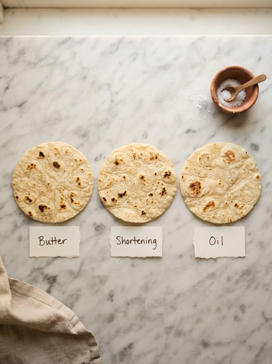 Comparison of belize tortilla recipe made with butter, shortening, and oil side by side