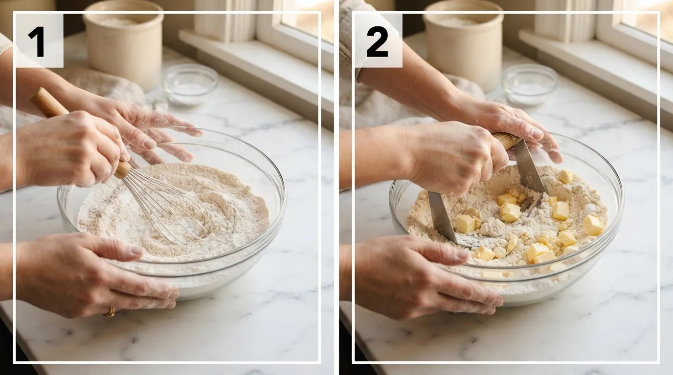 Whisking flour, baking powder, and salt for belizean flour tortilla recipe dough / Cutting cold butter into flour for belizean tortilla recipe dough