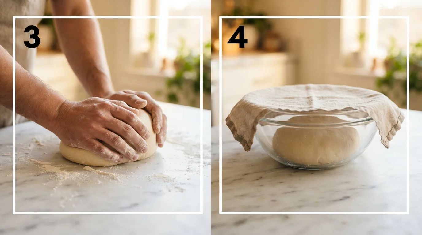 Kneading belizean flour tortilla recipe dough until smooth on marble surface / Resting covered tortilla dough before rolling and cooking