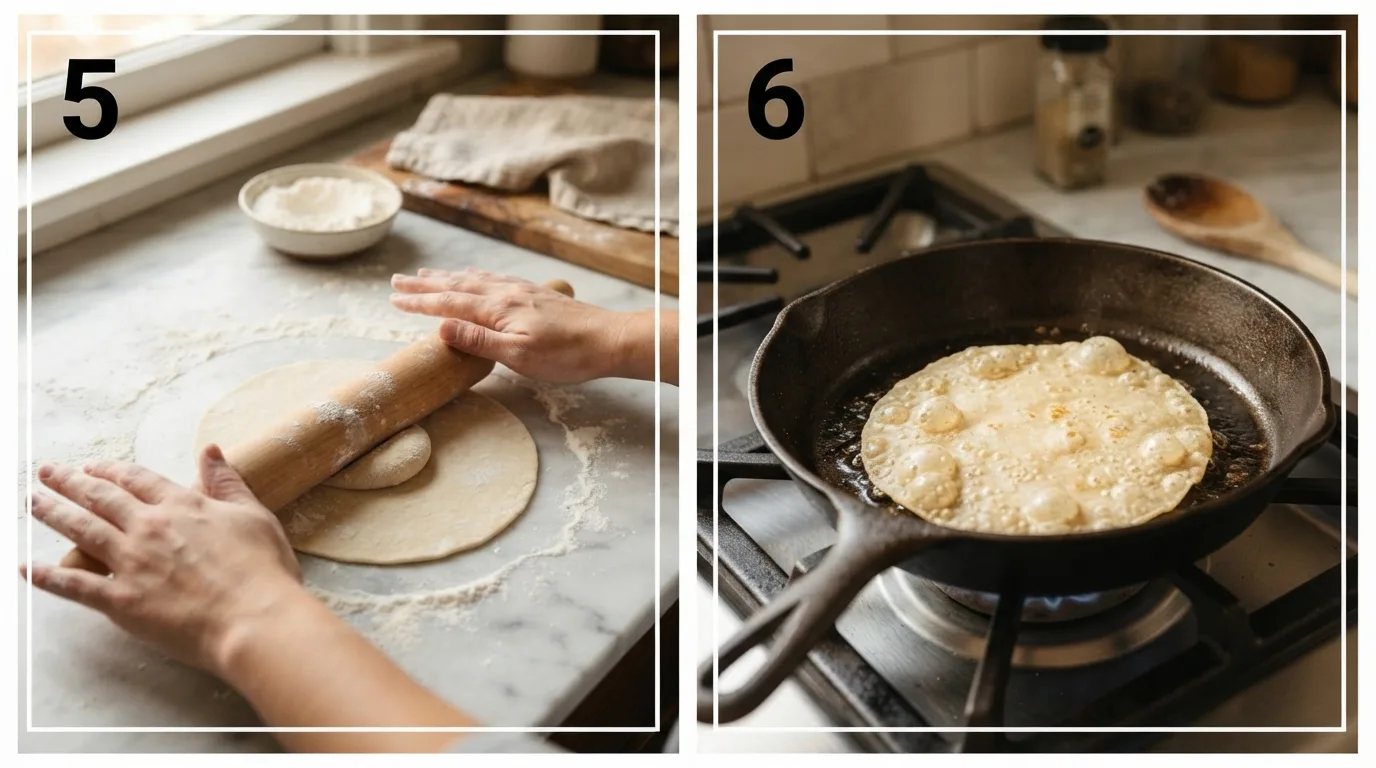Rolling belizean flour tortilla recipe dough into a thick round / Cooking tortilla on dry cast-iron skillet until golden bubbles form