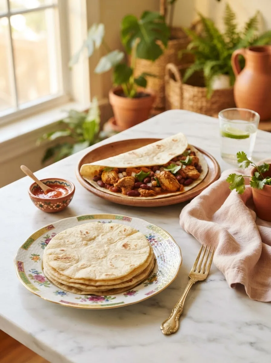 Belizean flour tortilla recipe served folded with stewed chicken at a styled table