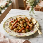 Golden honey-butter roasted Christmas vegetable sides with carrots, parsnips, and Brussels sprouts on a gold-rim platter
