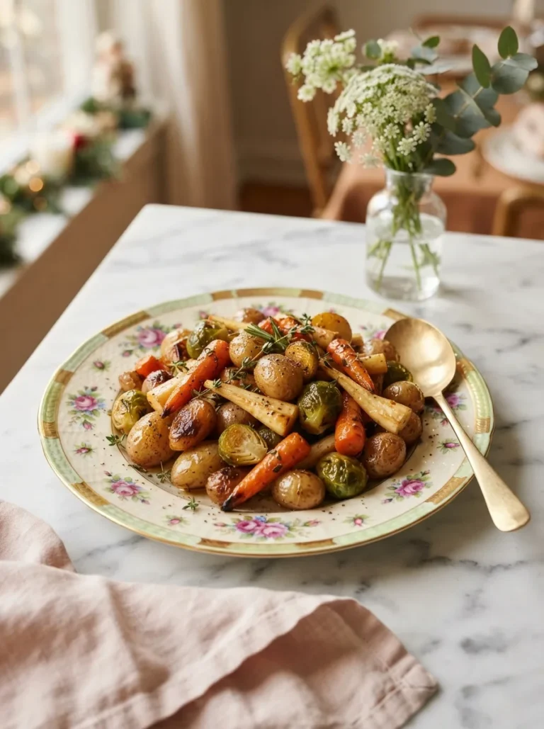Golden honey-butter roasted Christmas vegetable sides with carrots, parsnips, and Brussels sprouts on a gold-rim platter