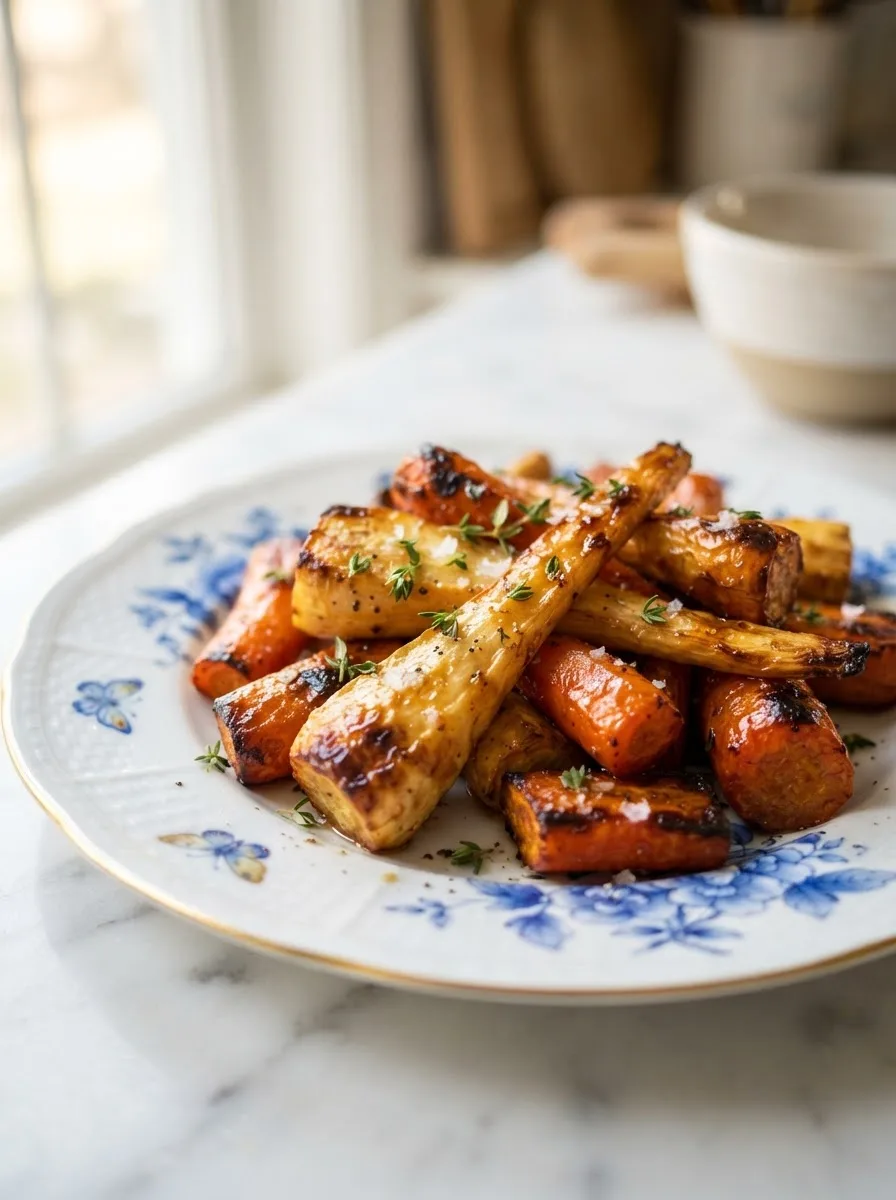 Close-up of honey-butter glazed roasted parsnips and carrots with deeply caramelized edges