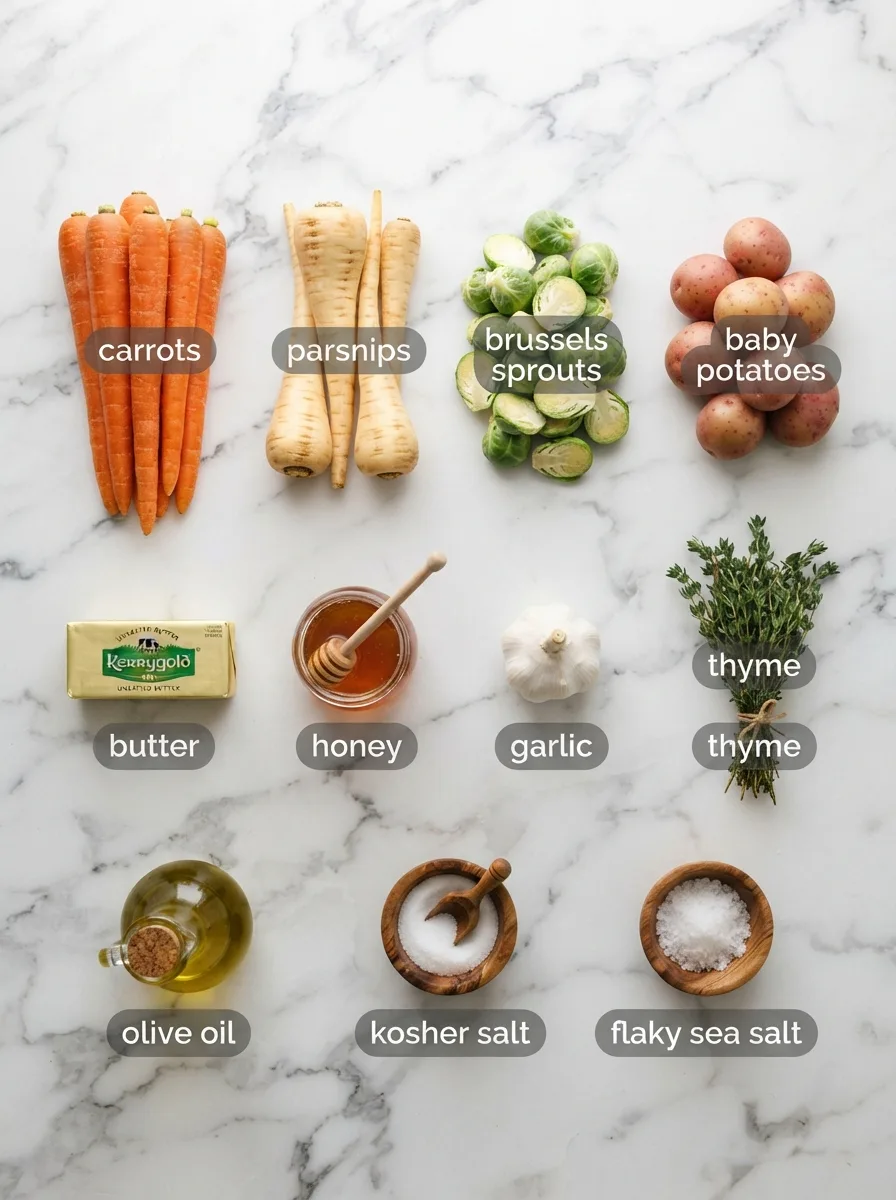 Ingredients for Christmas vegetable sides recipes: carrots, parsnips, Brussels sprouts, potatoes, butter, honey