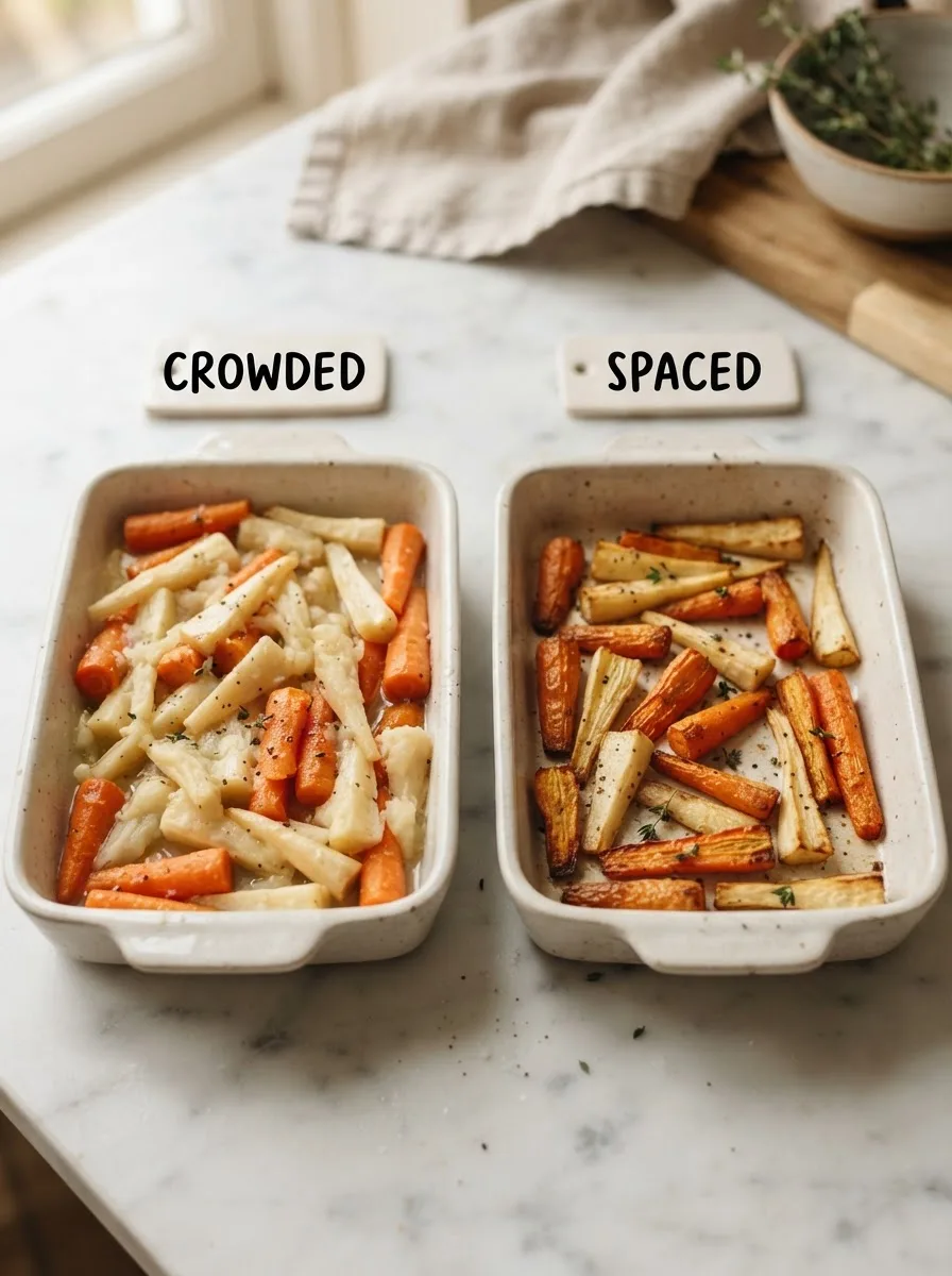 Side-by-side comparison of crowded versus spaced roasted vegetables showing caramelization difference