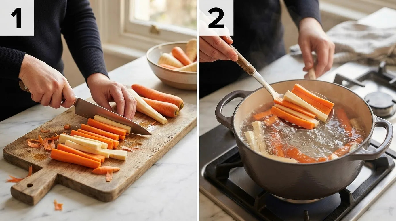 Cutting carrots and parsnips into even batons on a wooden cutting board / Lowering parboiled root vegetables into boiling water with a slotted spoon