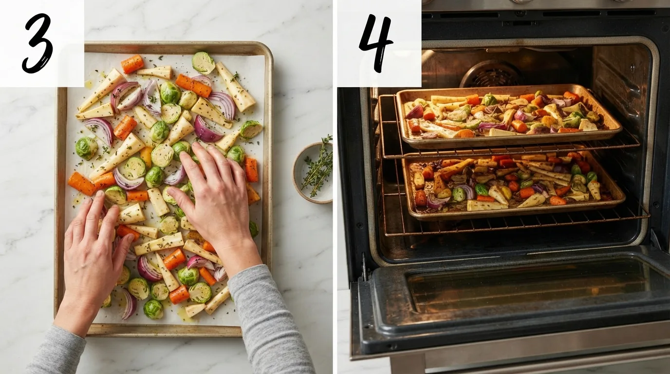 Spreading oiled root vegetables evenly across a sheet pan before roasting / Two sheet pans of golden roasting vegetables inside an open oven