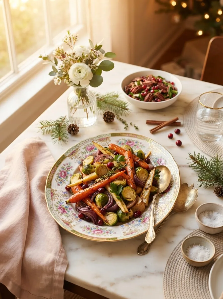 Christmas dinner table with honey-roasted vegetable sides served in a gold-rim bowl among holiday decor