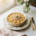 Foolproof crab macaroni and cheese topped with golden panko and lump crab in a floral baking dish