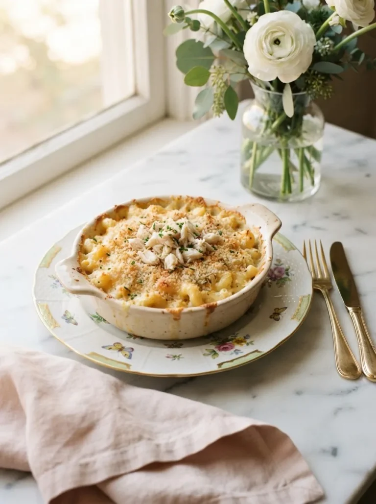 Foolproof crab macaroni and cheese topped with golden panko and lump crab in a floral baking dish