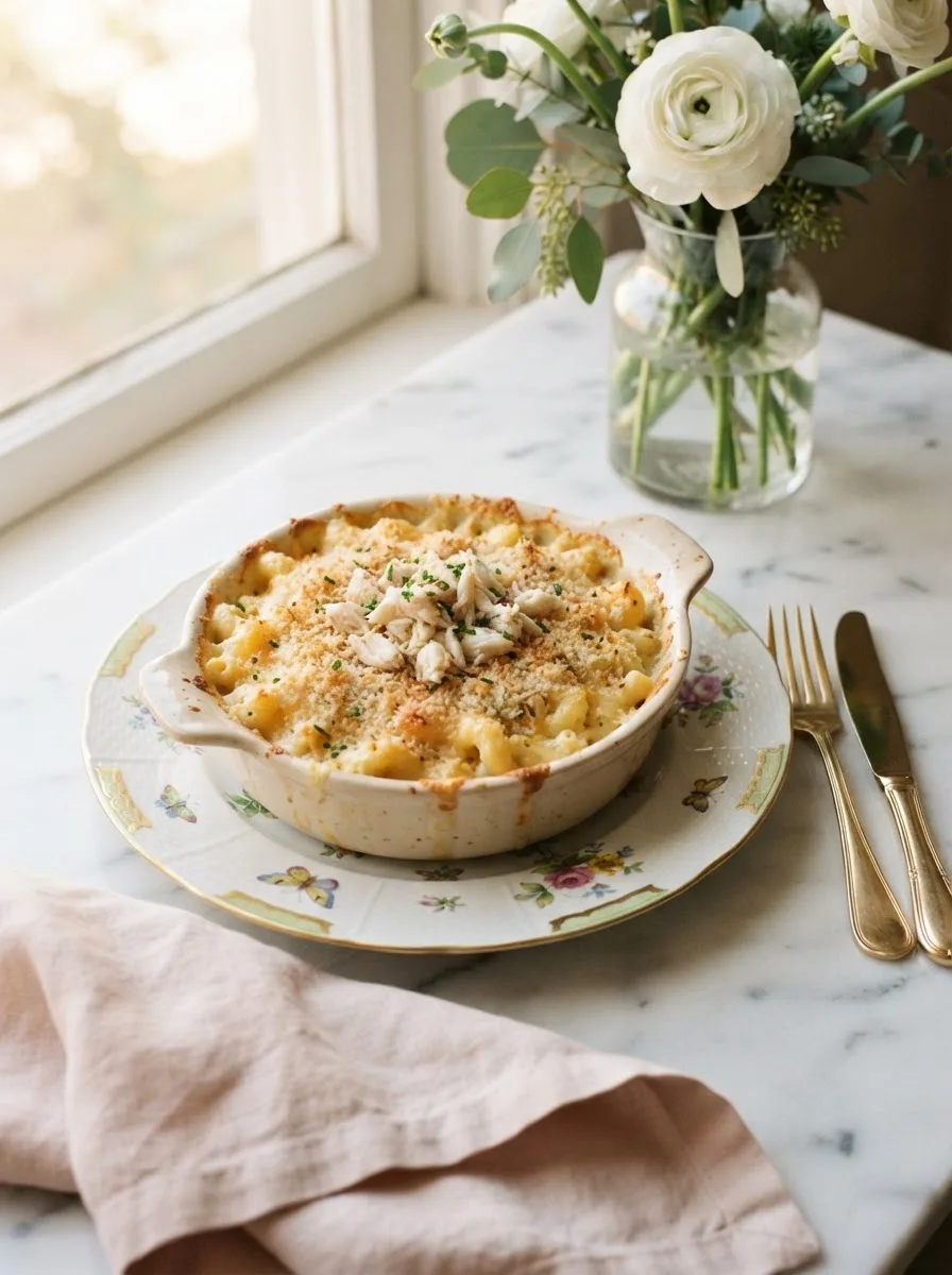 Foolproof crab macaroni and cheese topped with golden panko and lump crab in a floral baking dish