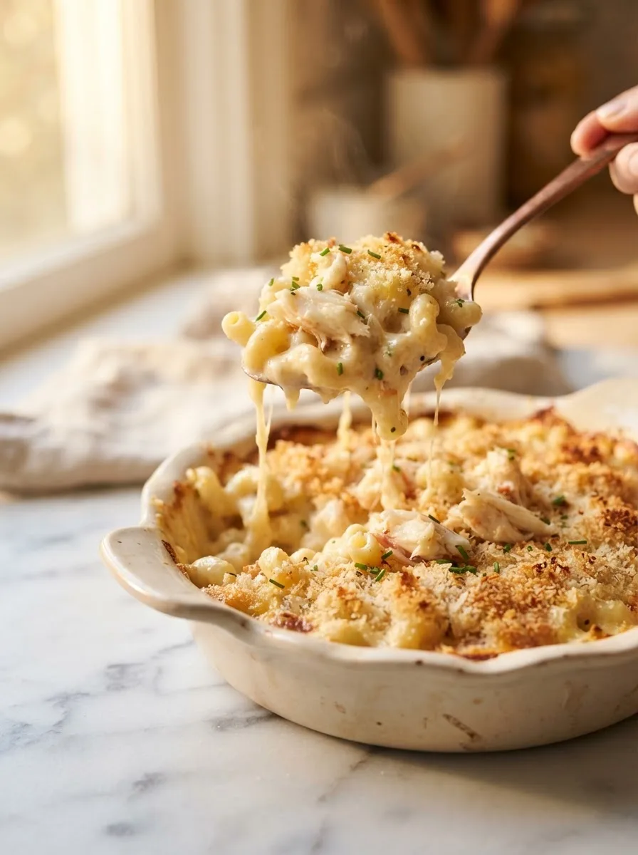Spoon lifting a portion of crab macaroni and cheese showing lump crab in the sauce