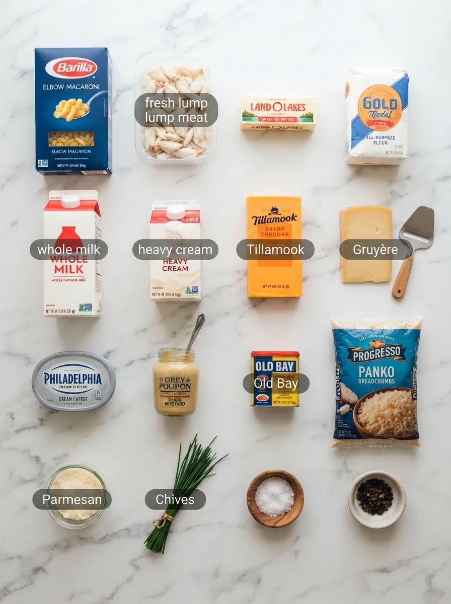 Ingredients for crab macaroni and cheese including lump crab, cheddar, Gruyère, and panko