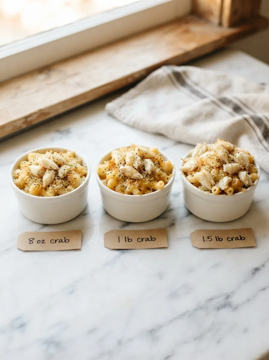 Three crab macaroni and cheese portions comparing 8 ounces, 1 pound, and 1.5 pounds of crab