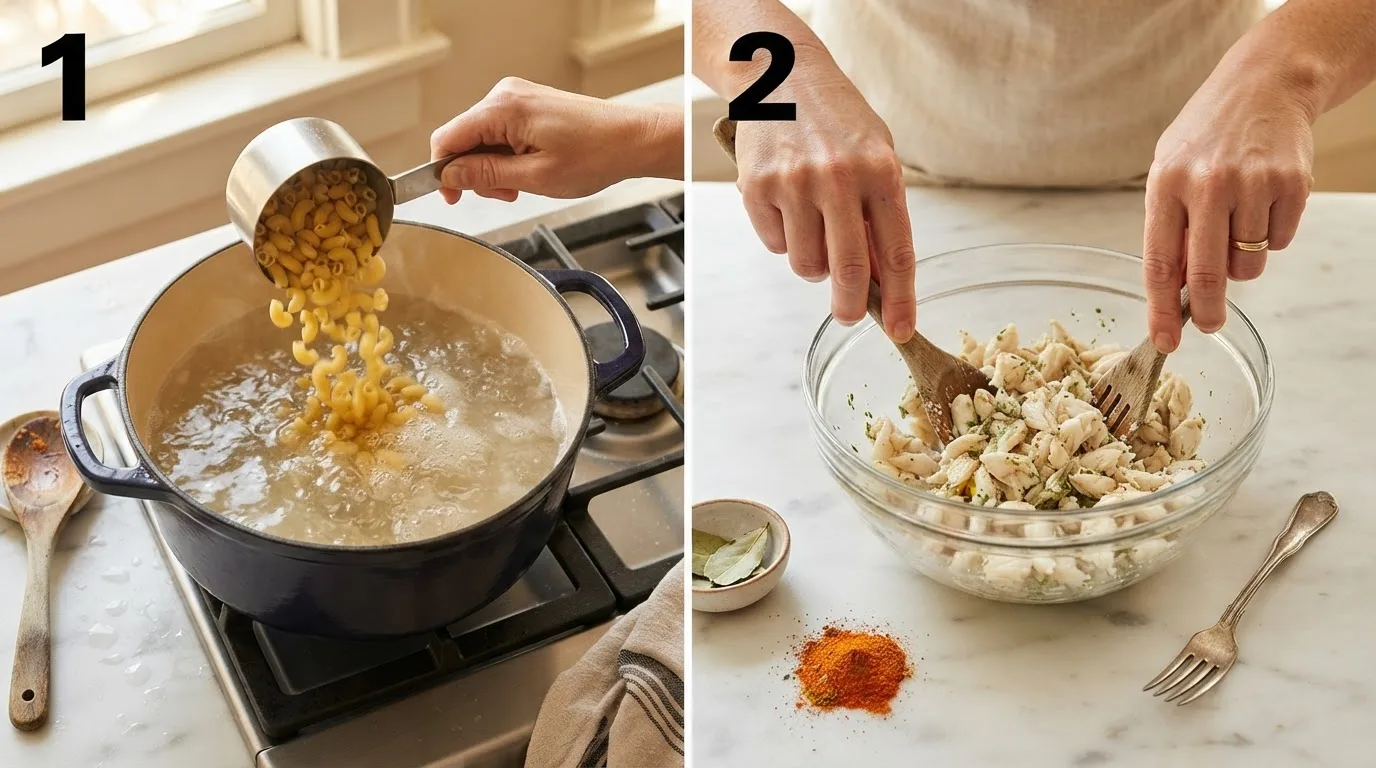 Pouring elbow macaroni into a pot of boiling salted water / Gently tossing lump crab meat with Old Bay seasoning in a glass bowl