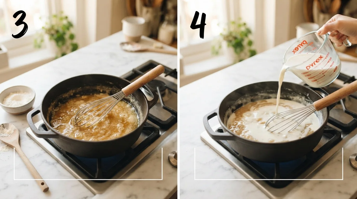 Whisking butter and flour into a golden roux in a heavy saucepan / Pouring warmed milk into the roux while whisking continuously