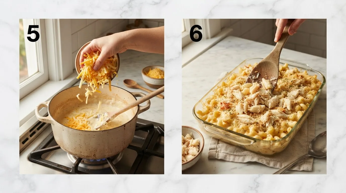 Adding shredded cheddar and Gruyère into the cheese sauce / Folding lump crab meat into macaroni and cheese in a baking dish