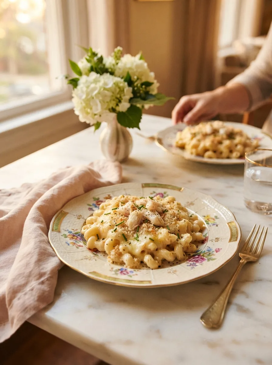 Crab macaroni and cheese served at a table with gold flatware and fresh flowers