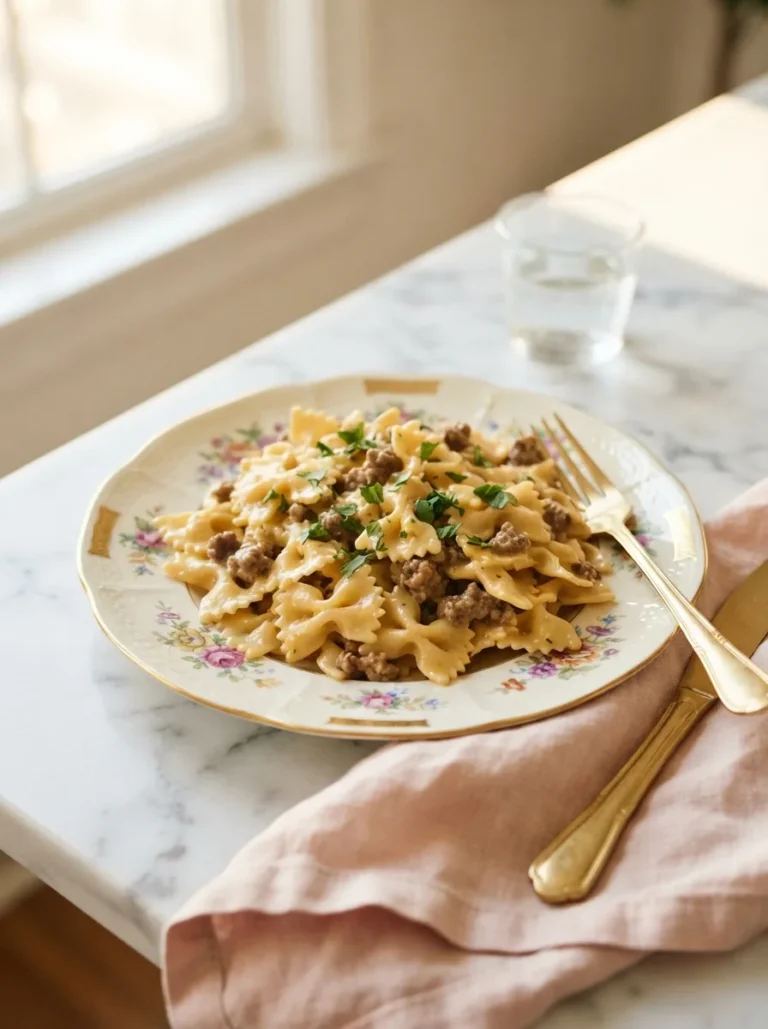 Creamy Velveeta beef pasta with bowtie noodles coated in golden cheese sauce on a floral plate