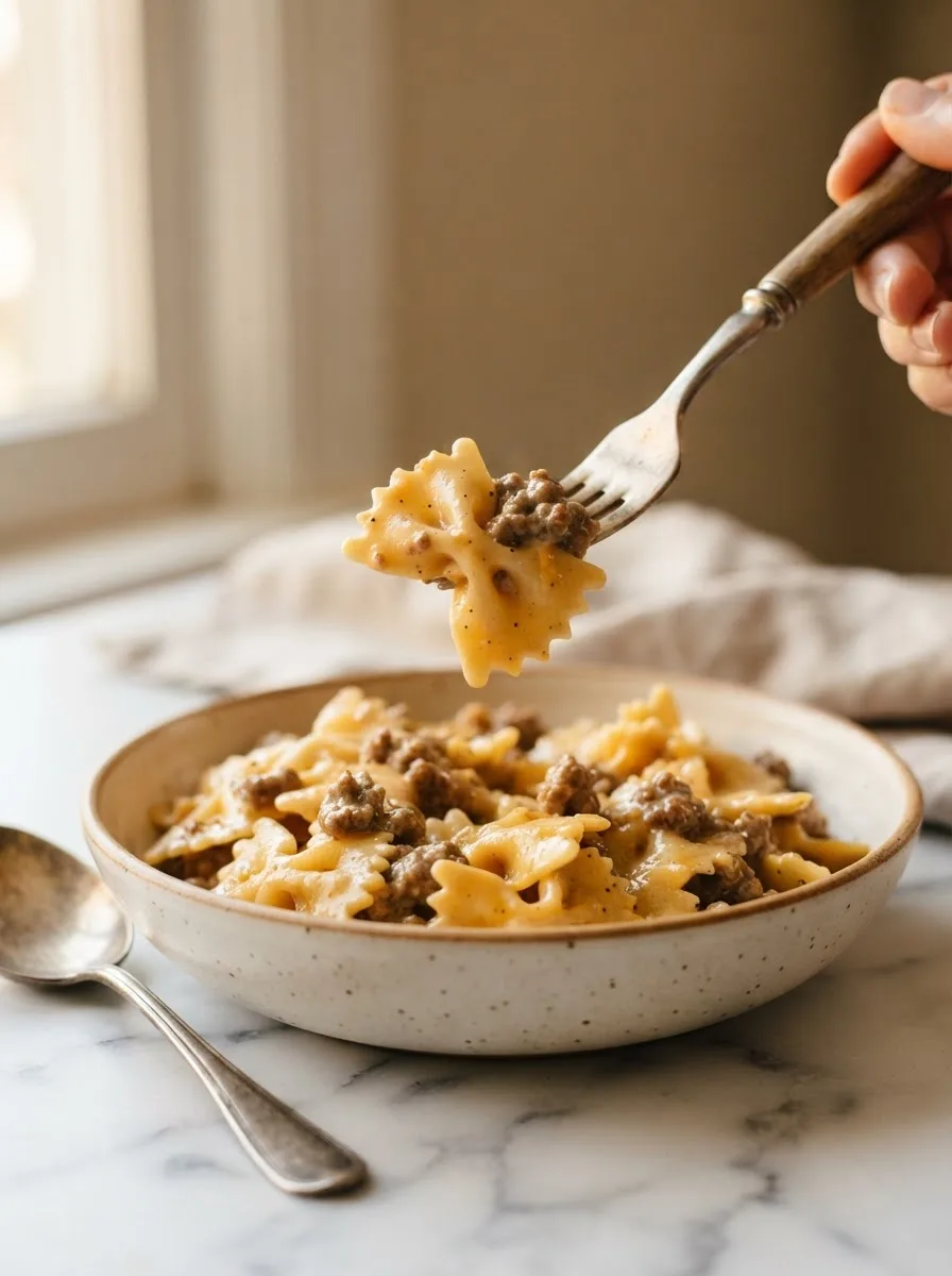 Fork lifting a bowtie noodle coated in golden Velveeta beef sauce