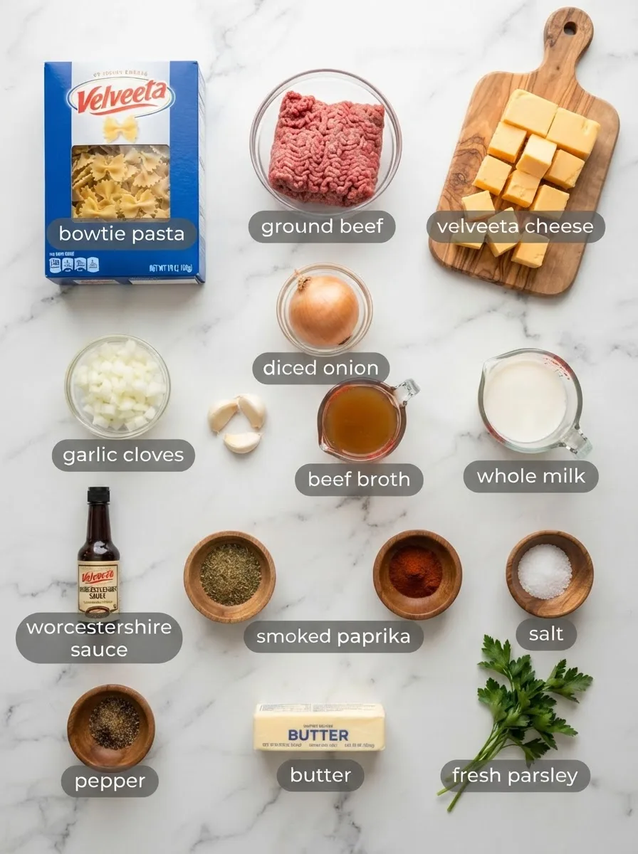 Ingredients for creamy Velveeta beef pasta with bowtie noodles arranged on marble