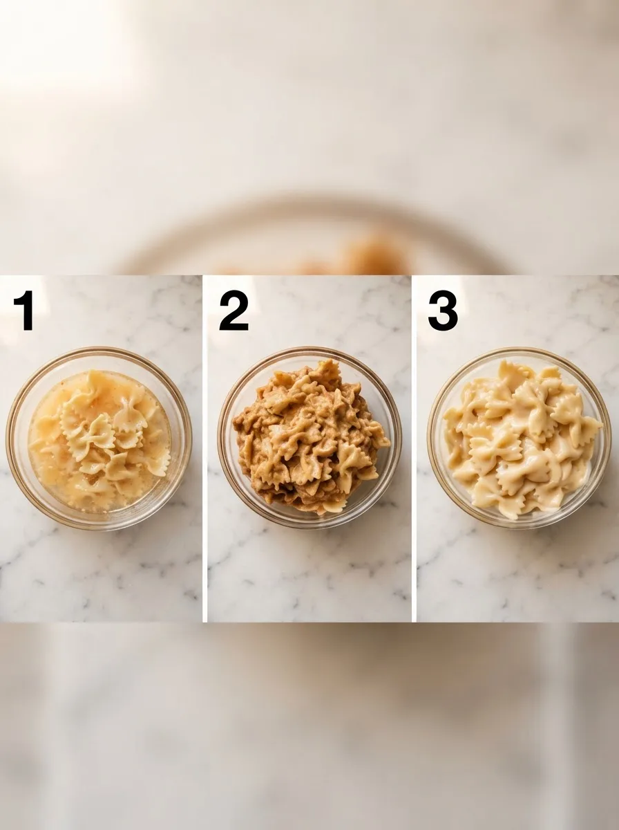 Three sauce consistency tests for Velveeta beef pasta comparing broth and milk ratios