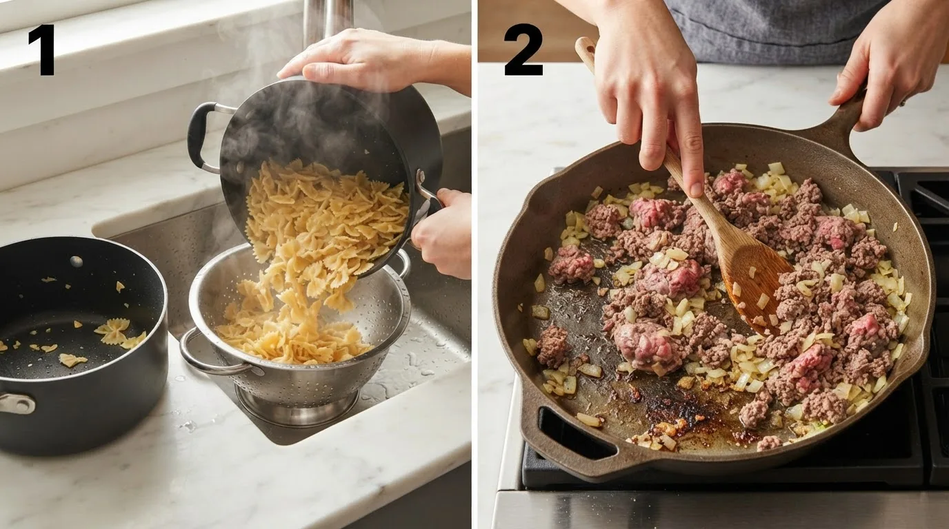 Draining cooked bowtie pasta in a colander with steam rising / Browning ground beef and onion with a wooden spoon in a skillet