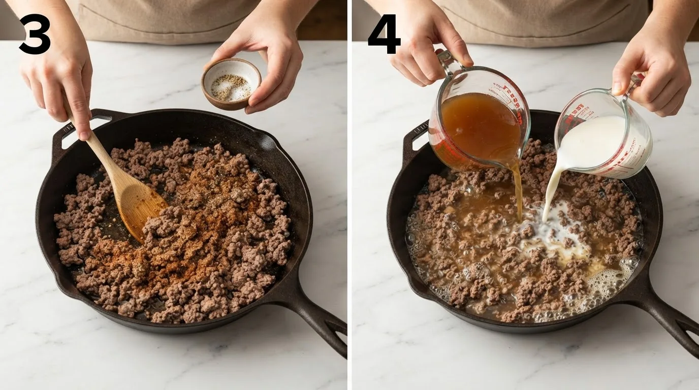 Sprinkling seasoning into browned beef in a skillet / Pouring beef broth and milk into skillet with seasoned beef