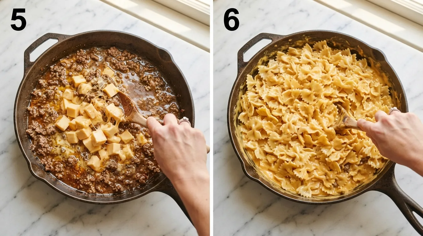 Stirring cubed Velveeta into beef and broth sauce until melted / Folding cooked bowtie pasta into finished Velveeta beef sauce