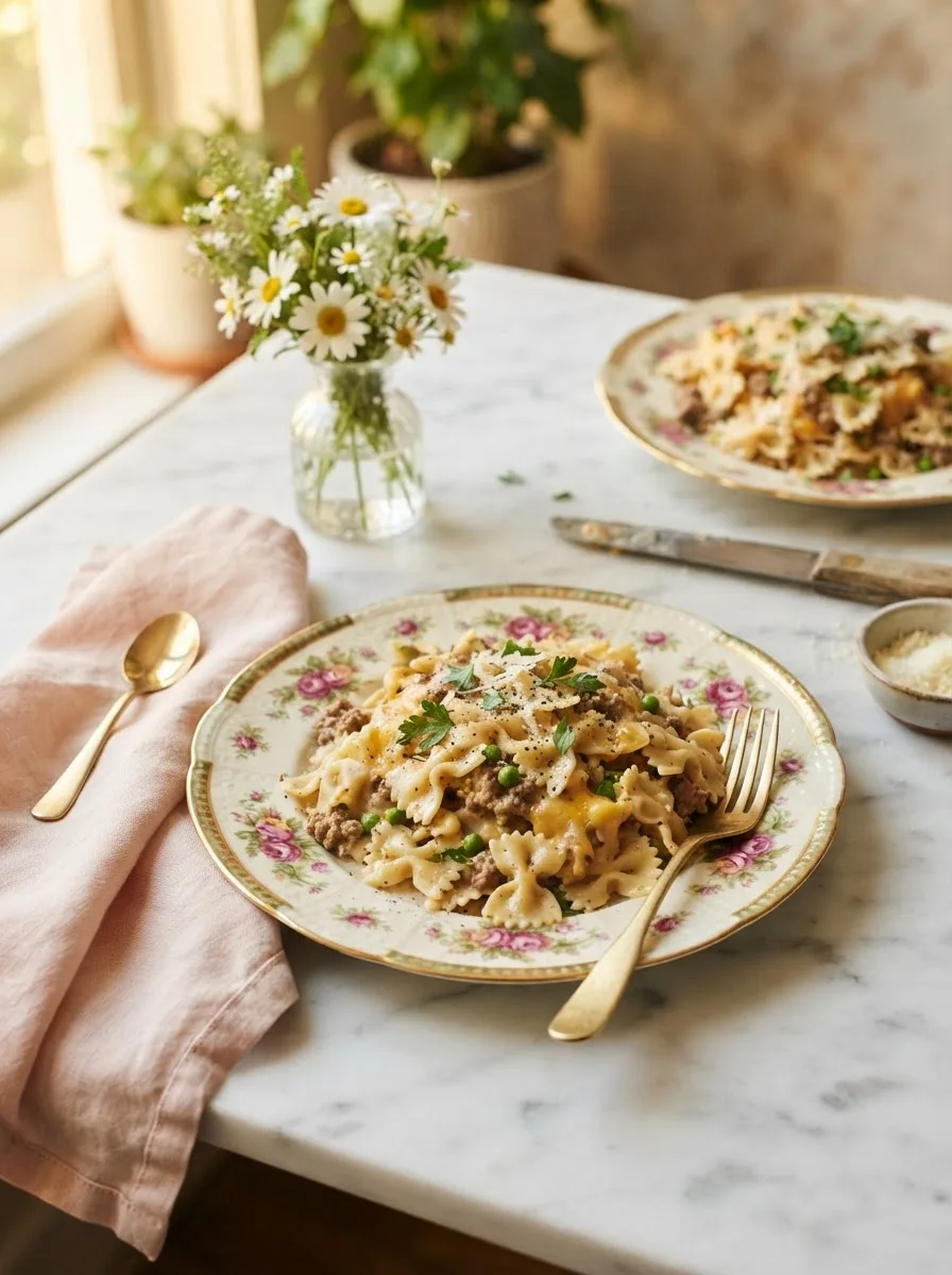Table scene with creamy Velveeta beef pasta, flowers, and gold flatware
