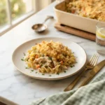 Dolly's creamy chicken noodle casserole scooped onto a plate with golden cracker topping