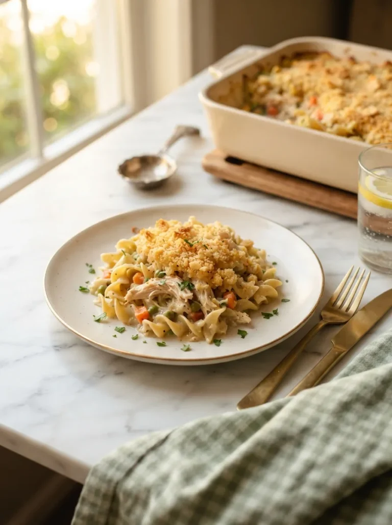 Dolly's creamy chicken noodle casserole scooped onto a plate with golden cracker topping