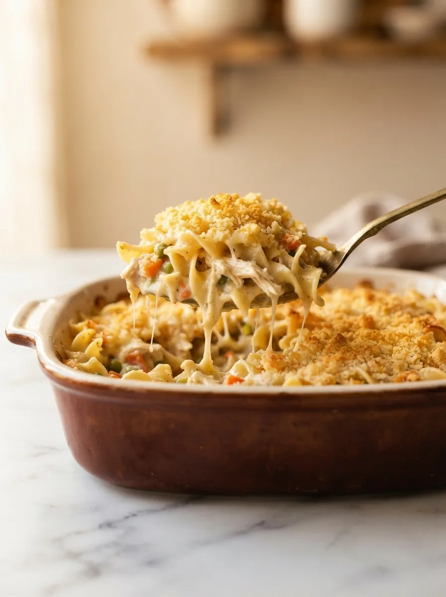 Spoon lifting creamy sauce and tender noodles from a baked chicken casserole