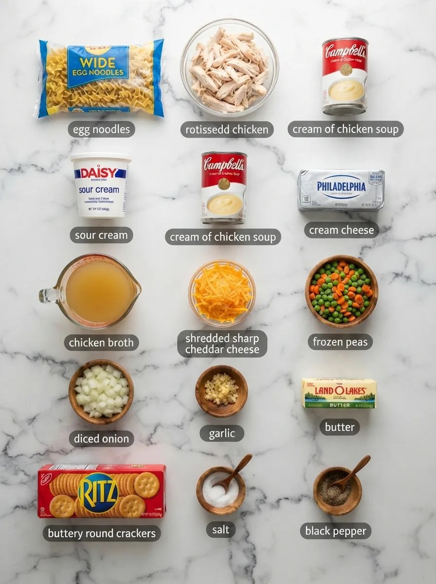 Ingredients for dolly's creamy chicken noodle casserole arranged on marble