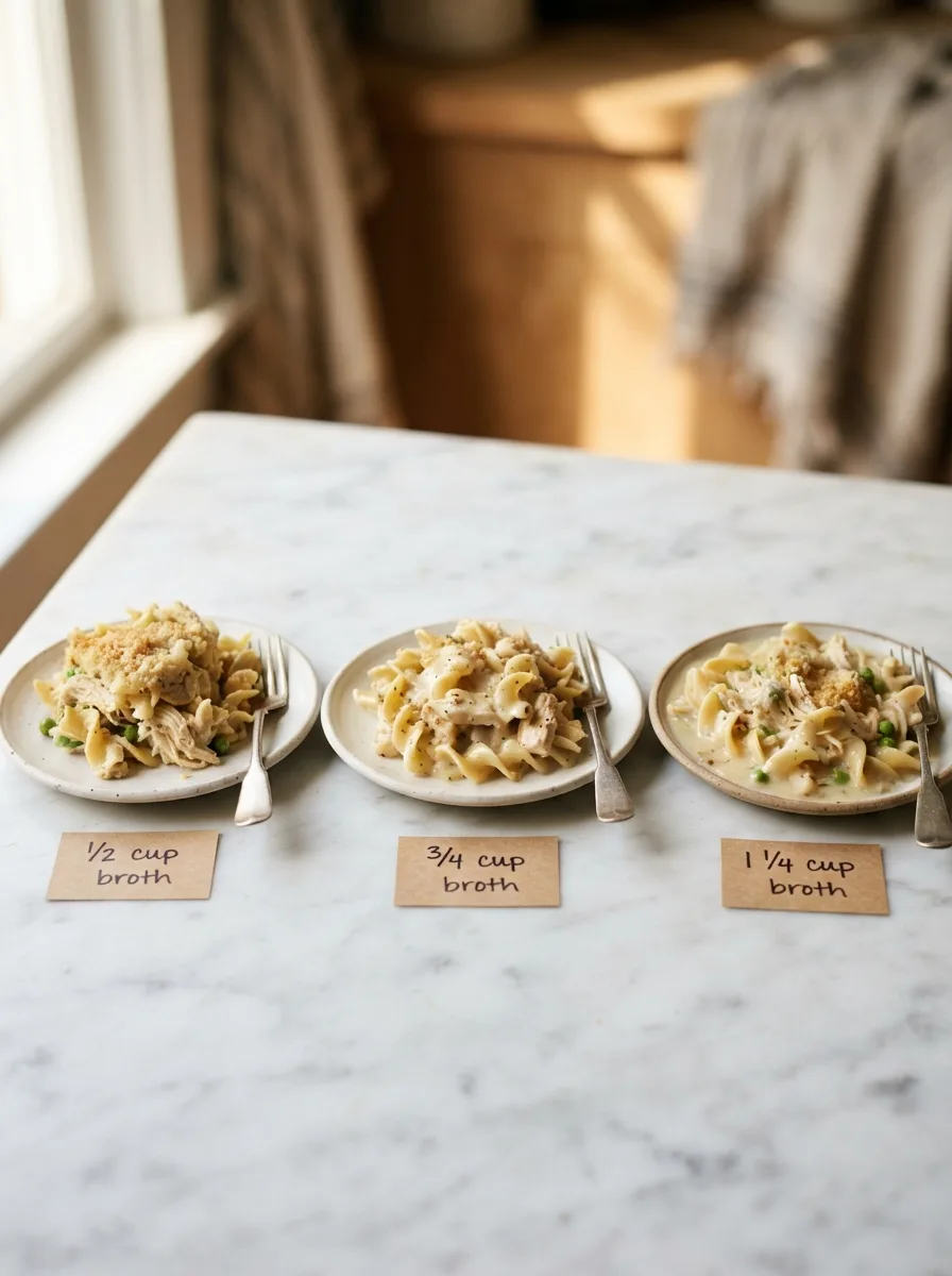 Three chicken noodle casserole sauce tests compared side by side on plates