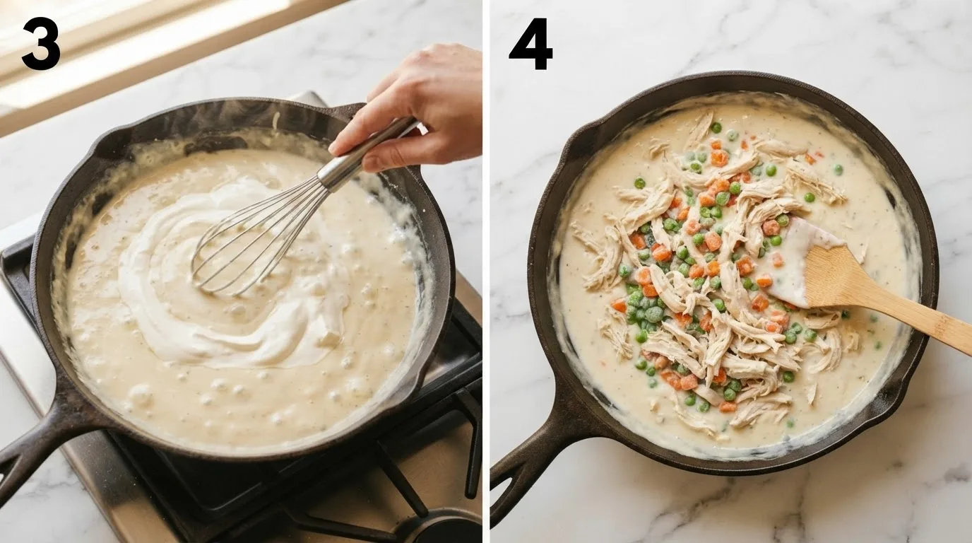 Whisking cream cheese and sour cream into a glossy casserole sauce / Folding shredded chicken and peas into creamy casserole filling