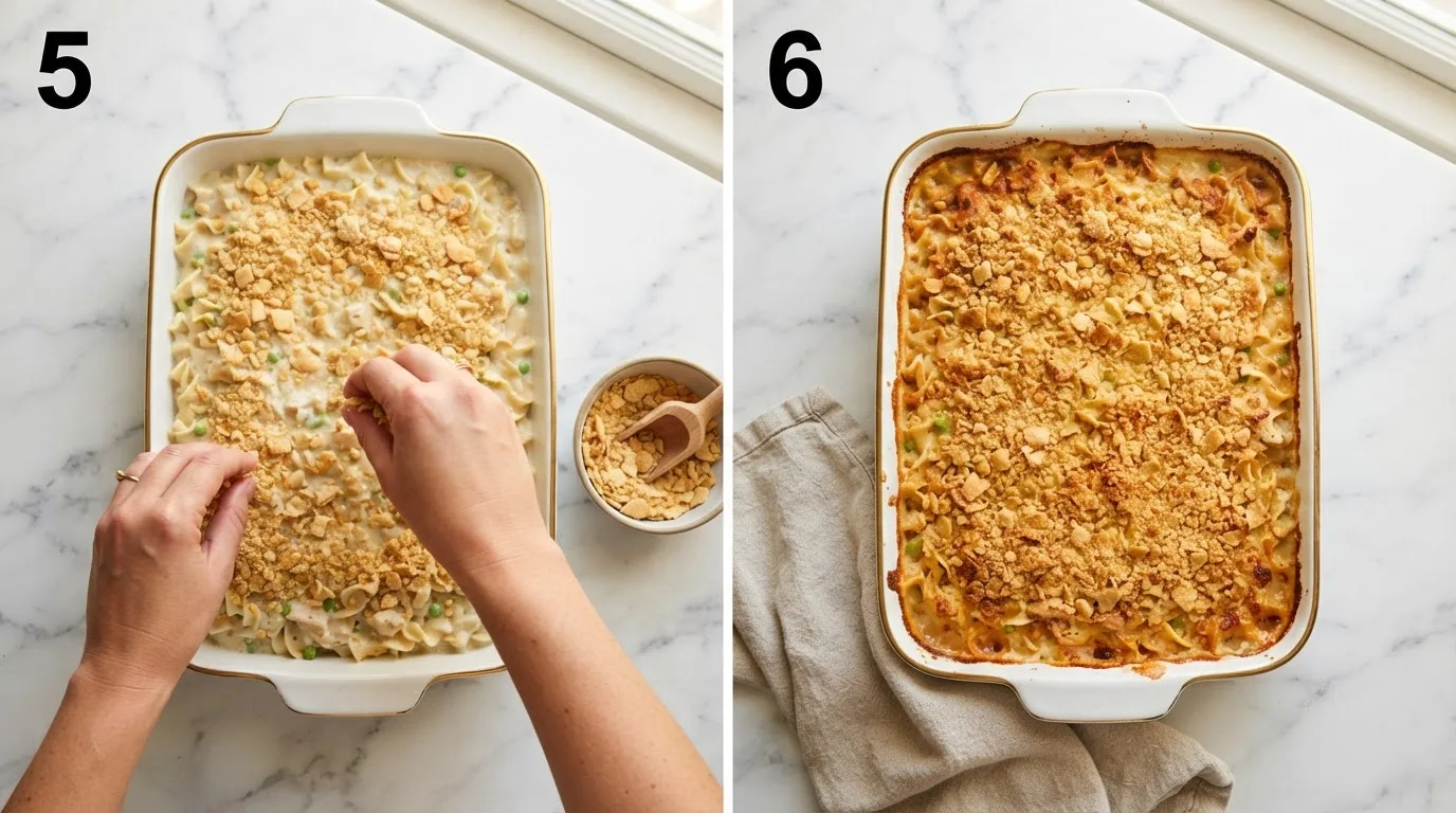 Sprinkling buttery cracker topping over assembled chicken casserole / Golden baked chicken noodle casserole fresh out of the oven
