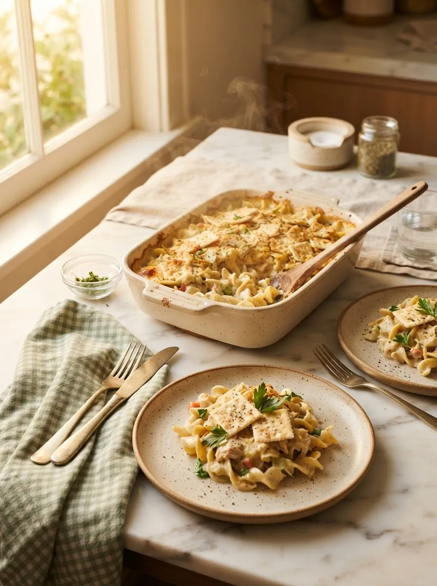 Baked chicken noodle casserole served at a set table with two plates