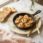 Glossy drunken shrimp cooper's hawk copycat with garlic butter sauce and toasted bread on a floral plate