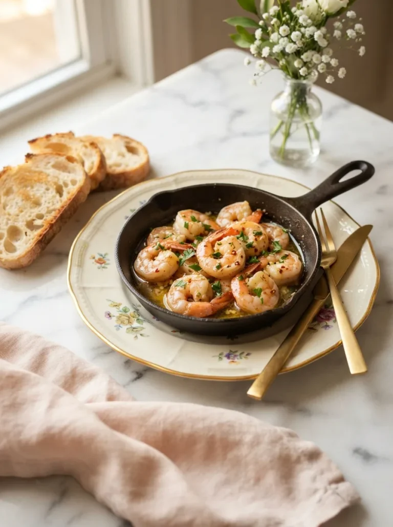 Glossy drunken shrimp cooper's hawk copycat with garlic butter sauce and toasted bread on a floral plate
