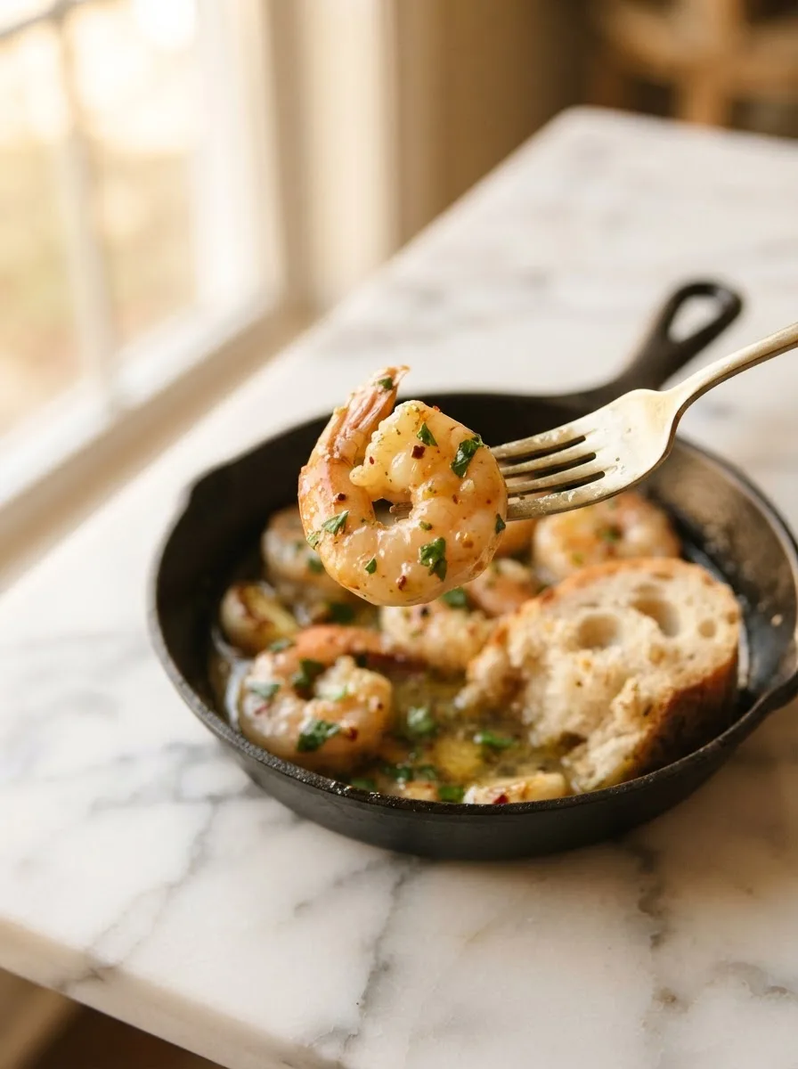 Fork lifting a garlic butter shrimp with sauce clinging, toasted bread soaking sauce in background