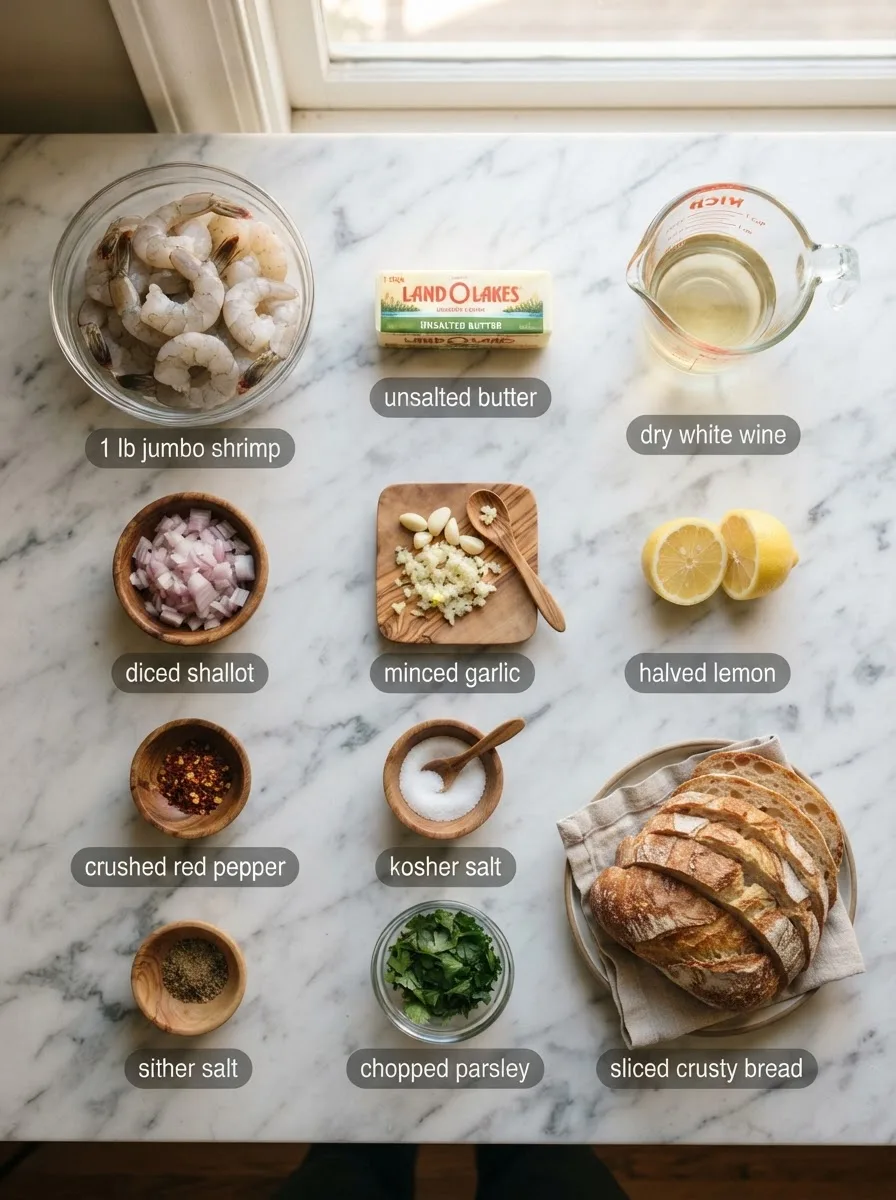 Ingredients for drunken shrimp cooper's hawk in bowls: shrimp, butter, white wine, garlic, shallot, lemon