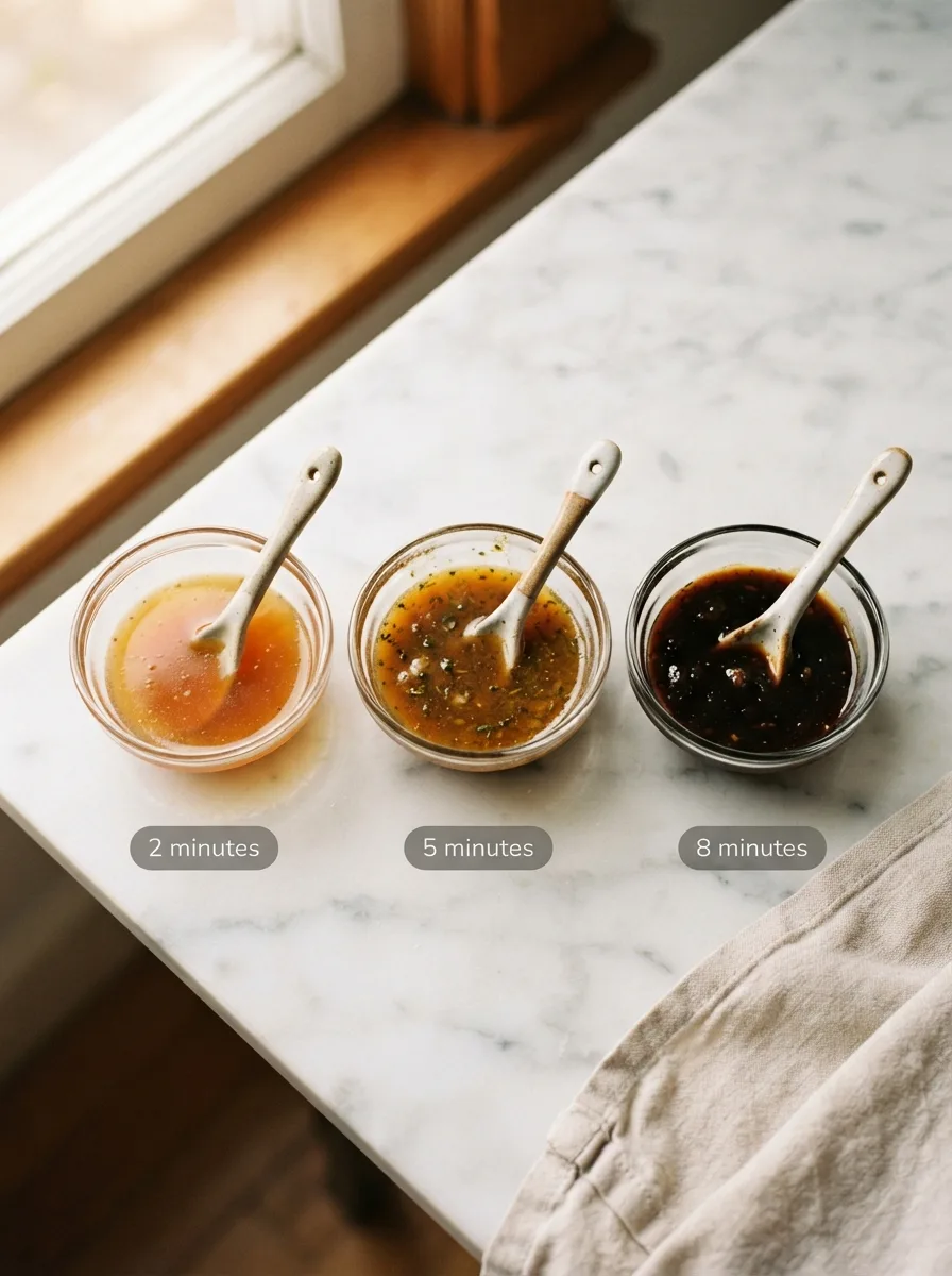 Three sauce reduction stages side by side showing thin, medium, and glossy consistency