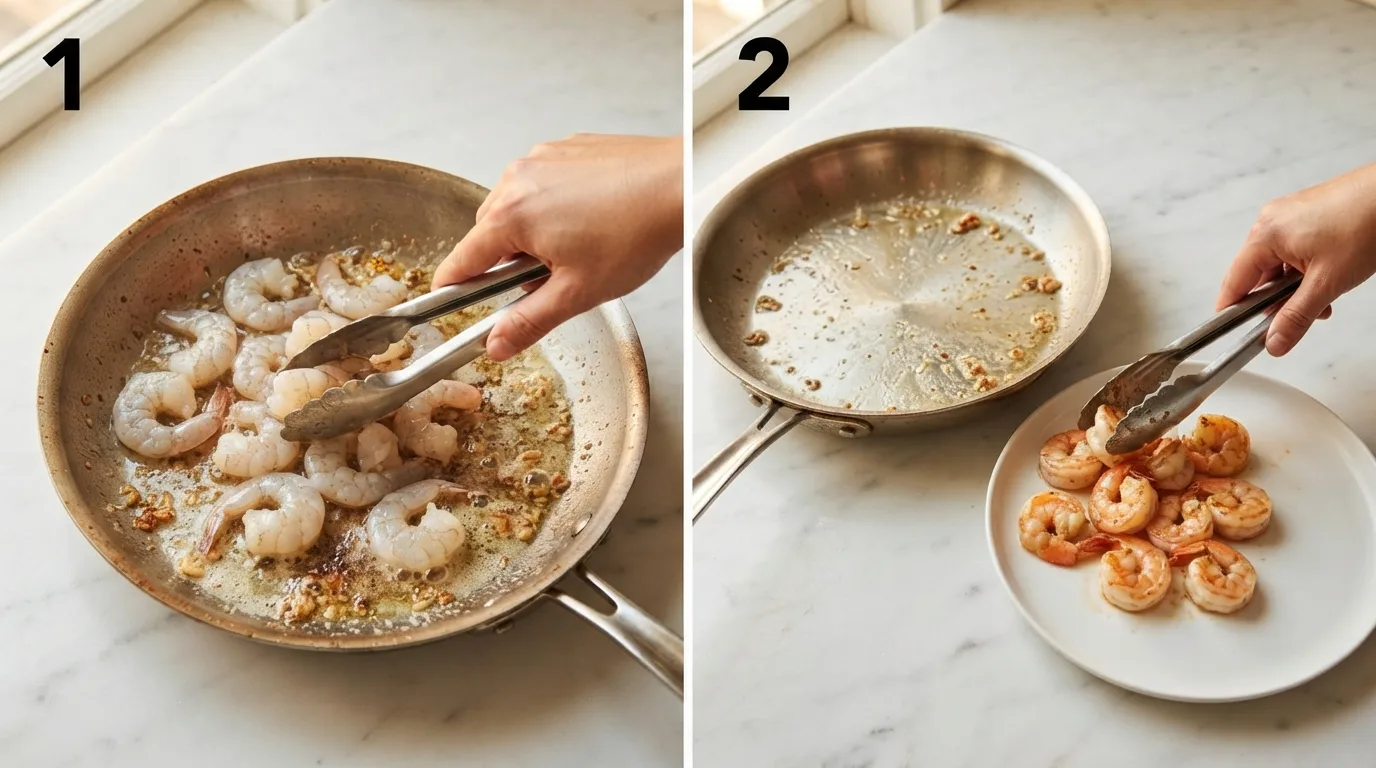 Raw jumbo shrimp searing in melted butter in a hot skillet / Tongs transferring seared pink shrimp from skillet to a white plate