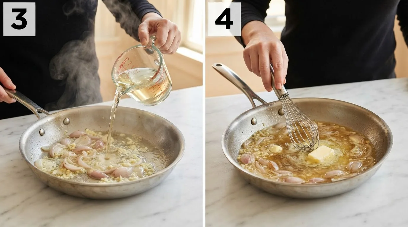 White wine pouring into a skillet with softened shallot and garlic, steam rising / Whisk incorporating butter into a glossy reduced wine sauce