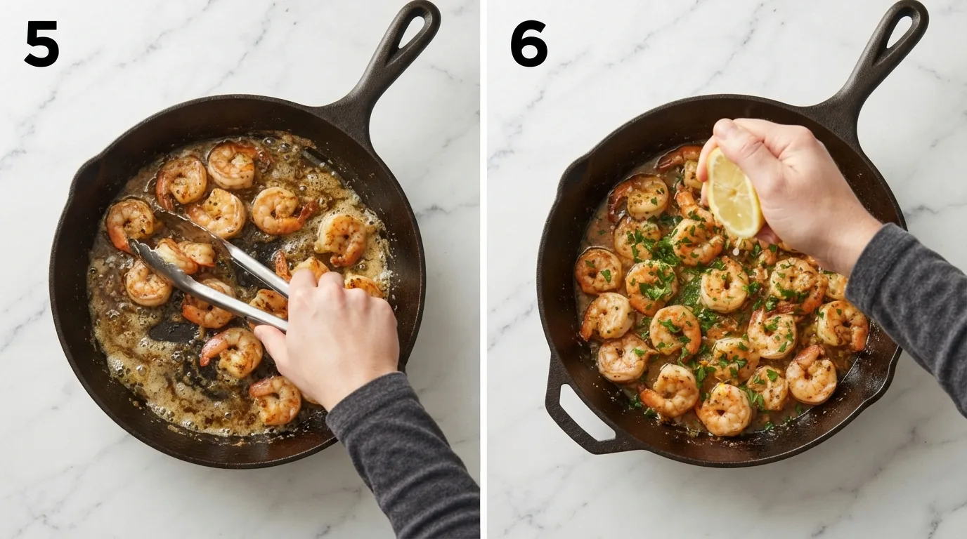 Tongs tossing seared shrimp back into glossy garlic butter sauce / Fresh lemon being squeezed over finished drunken shrimp with parsley