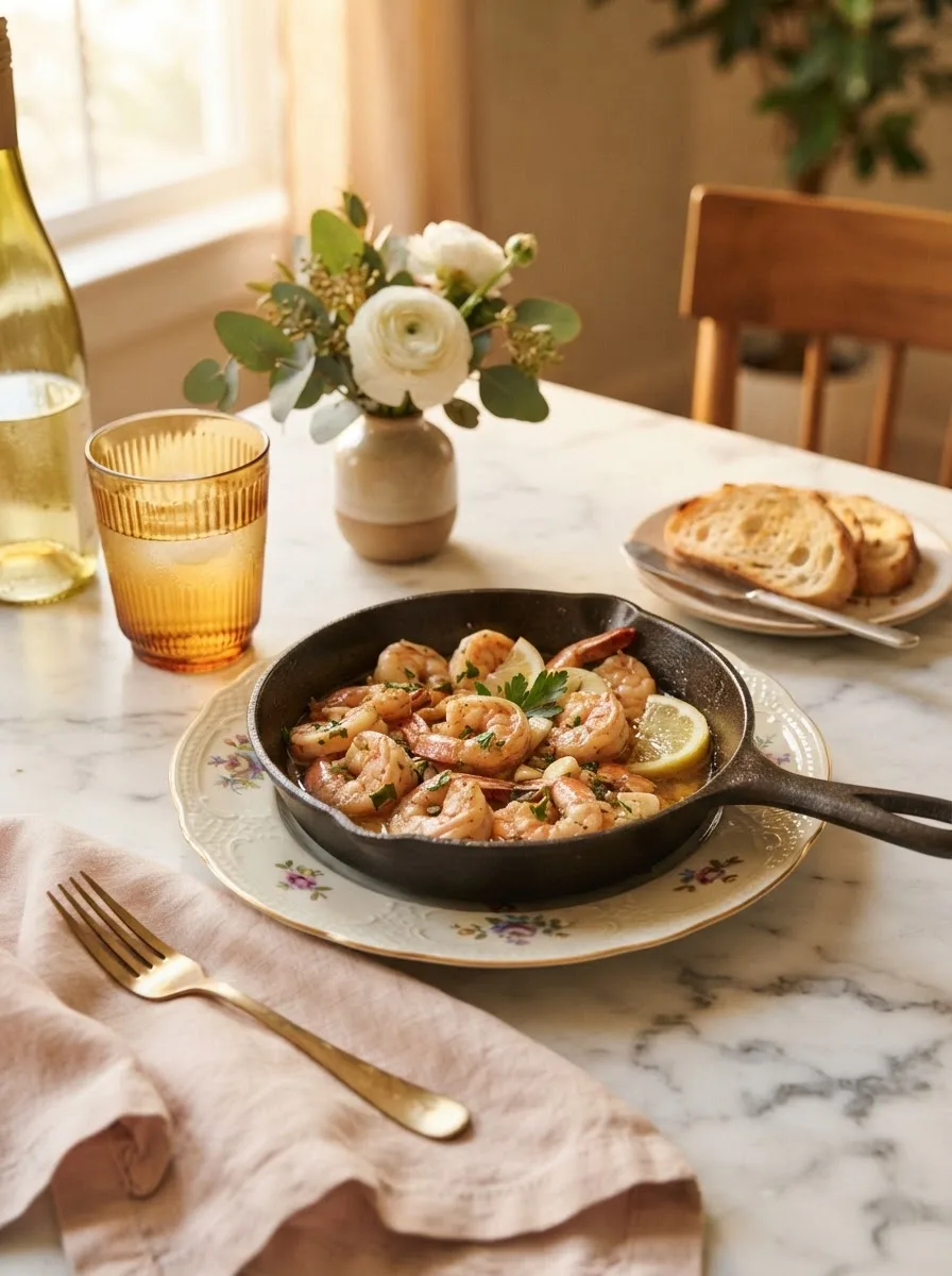 Drunken shrimp cooper's hawk styled table scene with wine, flowers, and toasted bread