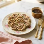 Sliced french dip tortilla roll ups fanned on a floral plate with a ramekin of warm au jus
