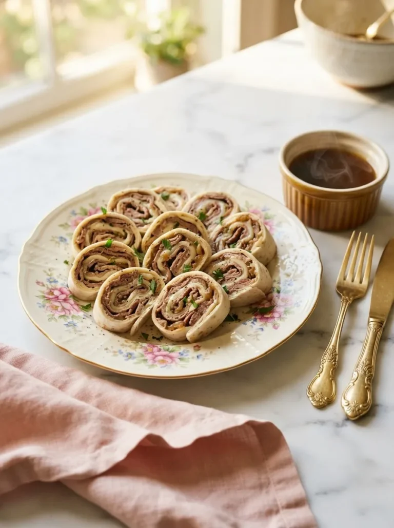 Sliced french dip tortilla roll ups fanned on a floral plate with a ramekin of warm au jus